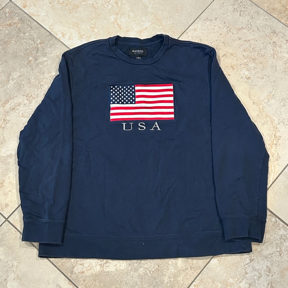 PacSun USA Flag Crewneck Mens‎ Large Navy Blue Sweatshirt Embroidered Cotton
